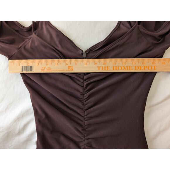 Vintage 90s Laundry by Shelli Segal Brown Ruched Cold Shoulder Midi - 8 - Picture 6 of 10